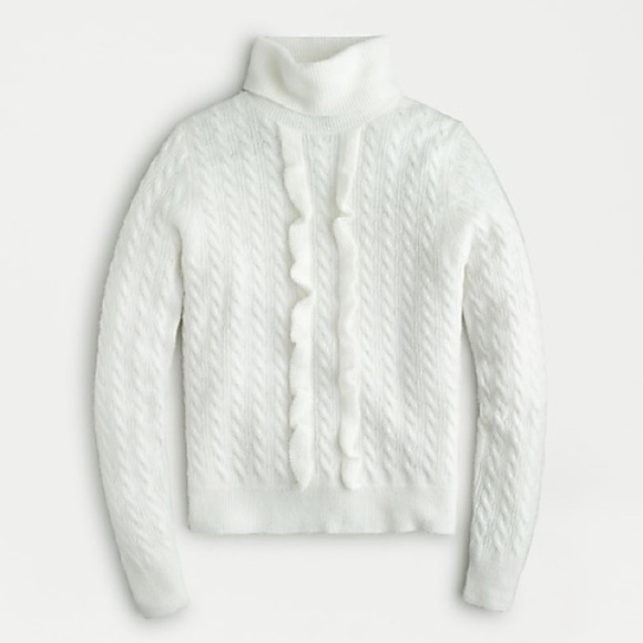 J.Crew Sz M Pearl‎ Ruffle Front Cable Knit Turtleneck Wool Stretch Sweater Top - Picture 1 of 8